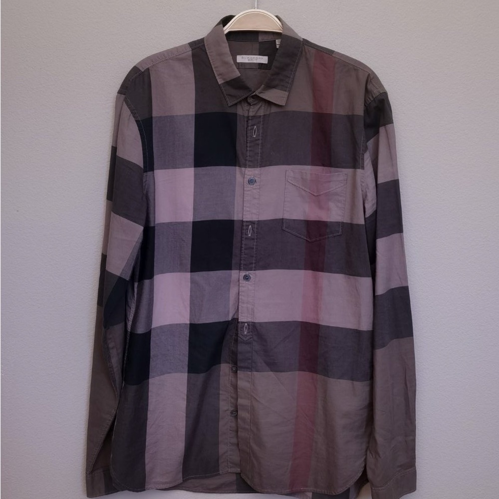 Burberry Brit Check Stretch Cotton Poplin Shirt Beige Dark Brown Medium